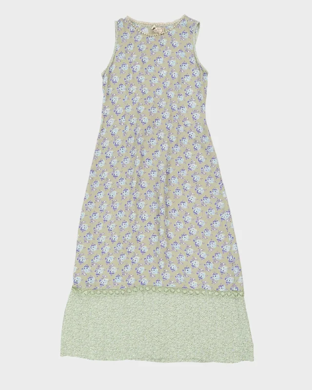 Green With Blue Flowers Sleeveless Dress - M