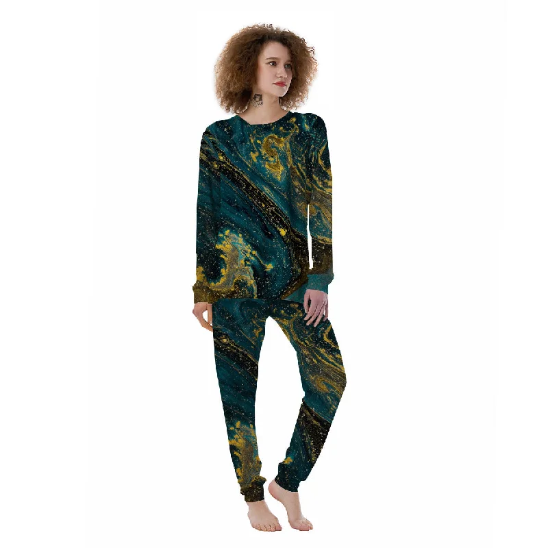 Natural Luxury Blue And Gold Marble Print Women's Pajamas