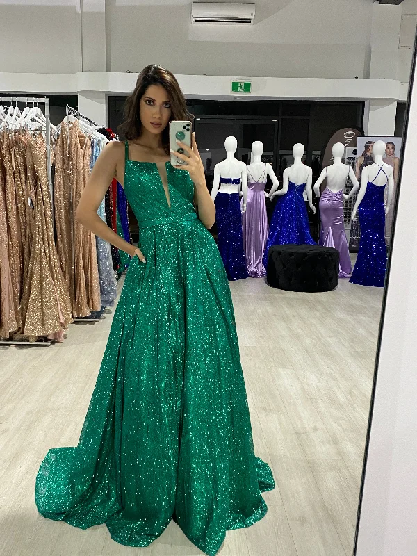 Honey Couture GRETCHEN Green Glitter Ball Gown Formal Dress