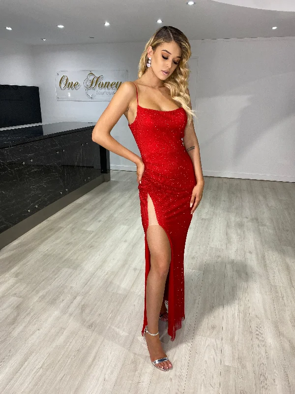 Honey Couture VICTORIA Red Sequin Beaded Low Back Formal Dress