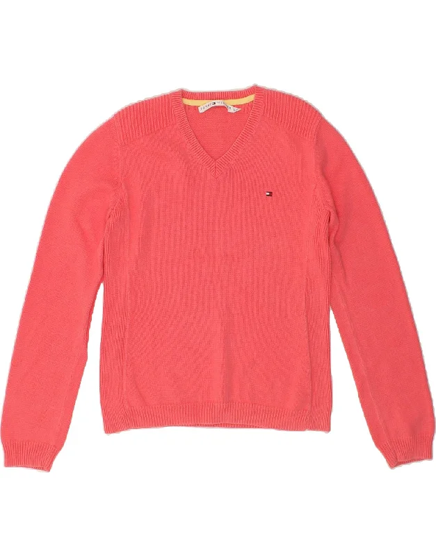 TOMMY HILFIGER Womens V-Neck Jumper Sweater UK 14 Large Pink Cotton