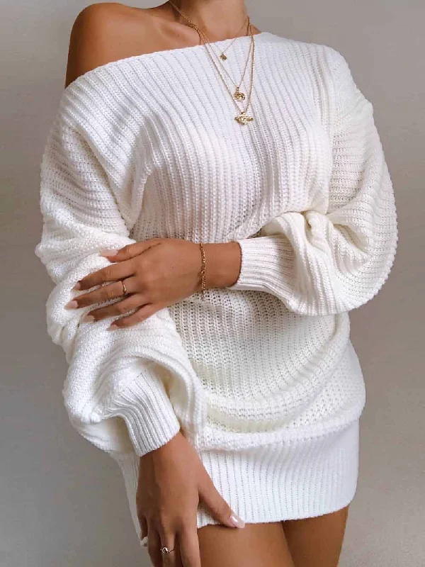 Round Neck Long Sleeve Solid Knitted Mini Dress