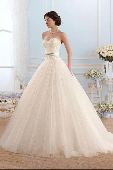 White Tulle Sweetheart Strapless Open Back Ball Gown Sleeveless Floor-Length Wedding Dress WK753