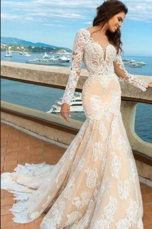 2024 White Lace Mermaid Deep V-Neck Backless Long Sleeve Wedding Dresses