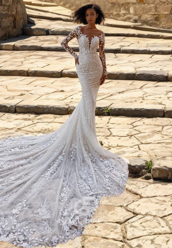 Illusion V Neck Long Sleeves Allover Lace Mermaid Wedding Dress with Train