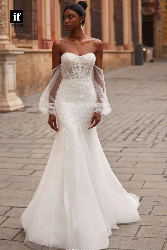 71142 - Chic Strapless Sweetheart Appliques Mermaid Boho Wedding Dress with Sleeves