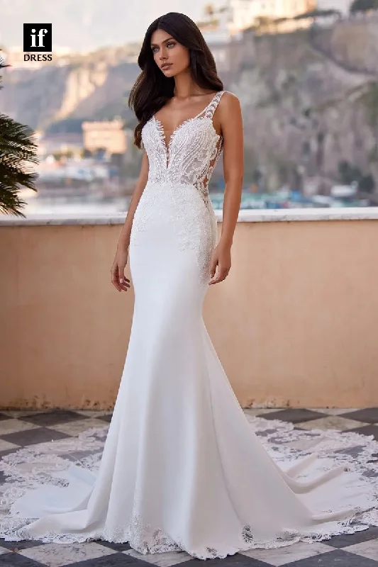 71144 - Mermaid/Trumpet V-Neck Appliques Beach Wedding Dress with Train