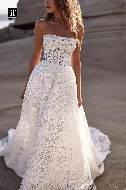 71207 - Strapless Scoop Lace Appliques Sleeveless Beach Wedding Dress with Pockets