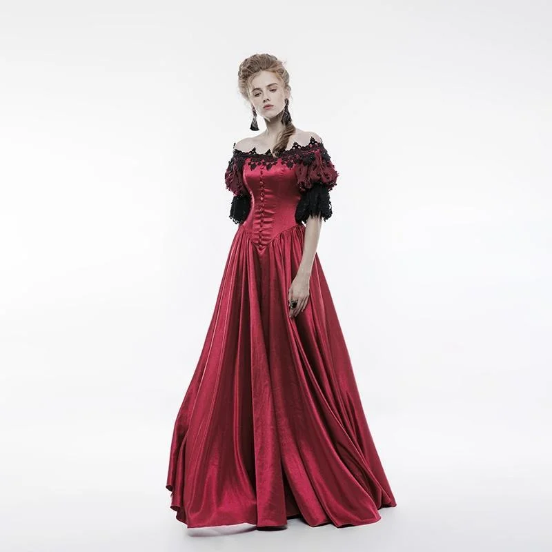 Women's Gothic Vintage Off Shoulder Bubble Sleeve Long Wedding Dress Red