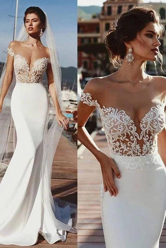 Stunning Mermaid Cap Sleeve Sheer Neck Long Wedding Dresses Beach Wedding Gowns STI15437