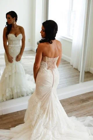 Sweetheart Mermaid Tiered Lace Wedding Dress Ruched Sweep Train Bridal Dresses WK386