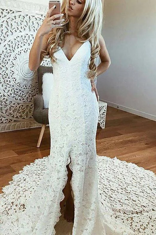 V Neck Spaghetti Straps Backless Lace Boho Wedding Dress With Split Mermaid Bridal Dress WK999