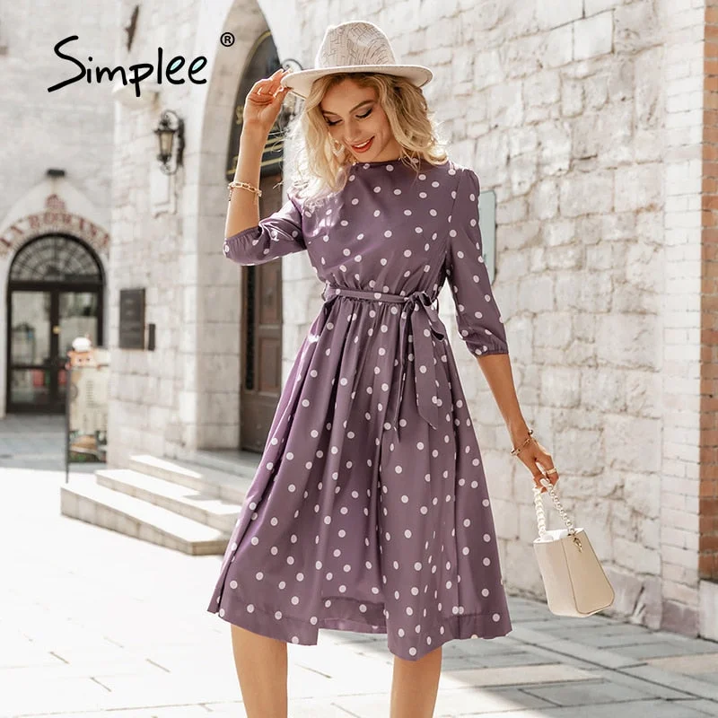 Back to College Simplee Elegant A-line polka dot women dress autumn Office lady o-neck belt women midi dresses Half sleeve female purple vestido