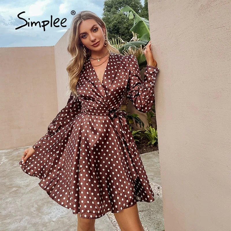 Back to College Simplee Elegant polka dot v-neck lantern sleeves wrap women party dress Office A-line lace up midi dresses Female split vestidos