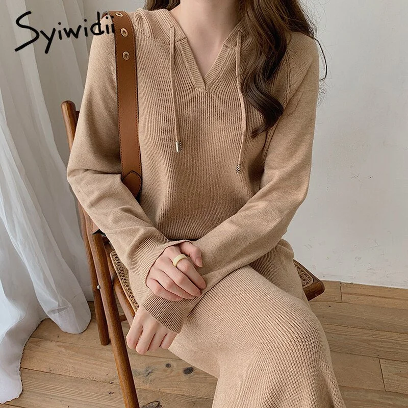 Back to College Syiwidii Knitted Midi Dresses Women Autumn Winter  New Long Sleeve Elegant Long Dress with Hooded Loose Female Sweater Dress