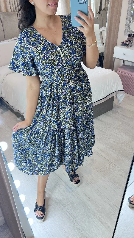 Barbs Navy Ditsy Floral Print Tiered Hem Dress