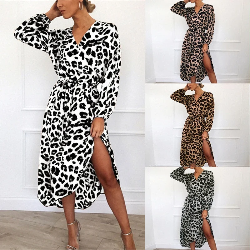 Bikoles  Autumn Women's Sexy Empire Bandage Long Sleeve Midi Dress Fashion Casual V Neck A Line Leopard Club Ladies Dresses