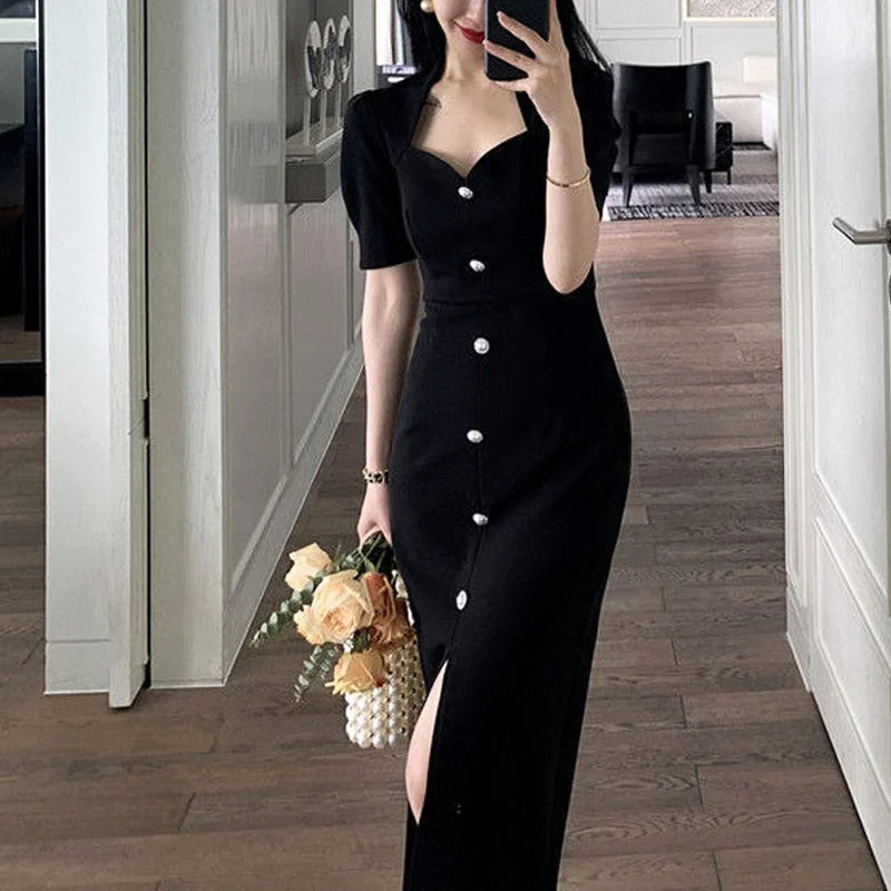 One Piece Dress Korean Vintage Midi Dresses Women Short Sleeve Elegant Black Dress Office Ladies Button Design Summer  Y2K