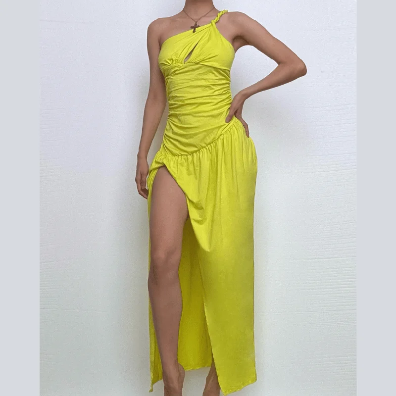 One shoulder slit ruched hollow out cut out midi dress