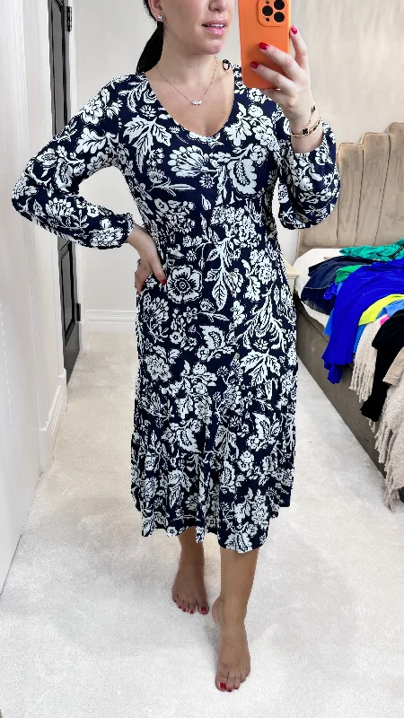 Raylan V Neck Floral Midi Stretch Dress