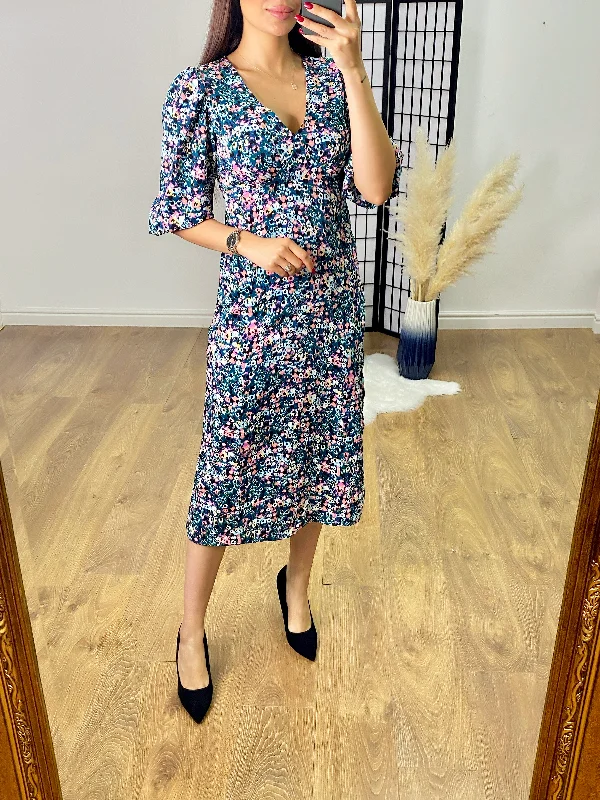 Sawyer Multi Colour Floral Print V Neck Midi Dress