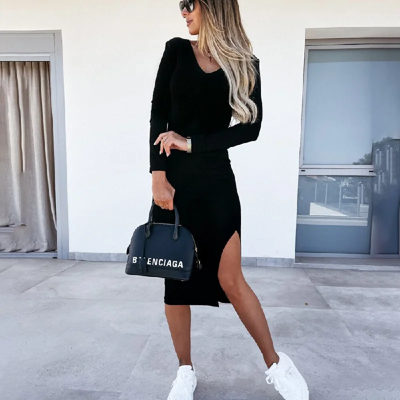 Sexy V-neck Long Sleeve Bodycon Midi Dress Women  Autumn Casual Side Split Club Party Black Dreeses For Woman Robe Femme