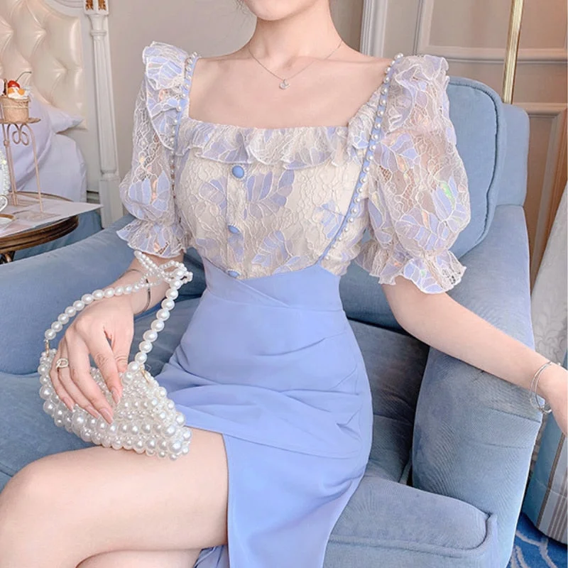 Short Sleeve Evening Party Midi Dress Women  Summer Korean Style 2 Piece Set Fashion Suits Elegant Vintage Lace Dress Female