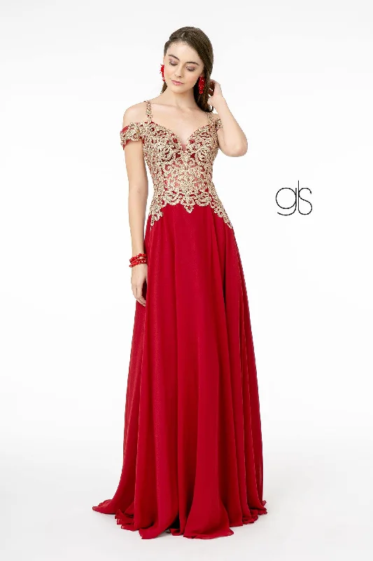 Embroidered Bodice A-Line Long Prom Dress