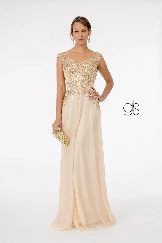 Embroidered Bodice V-Neck Long Formal Dress