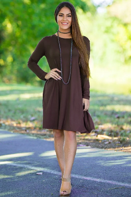 Piko Long Sleeve Swing Dress - Dark Brown