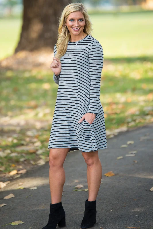 SALE-Piko Long Sleeve Tiny Stripe Swing Dress - Heather/Black