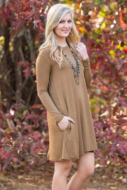 SALE-Piko Long Sleeve Swing Dress - Mocha