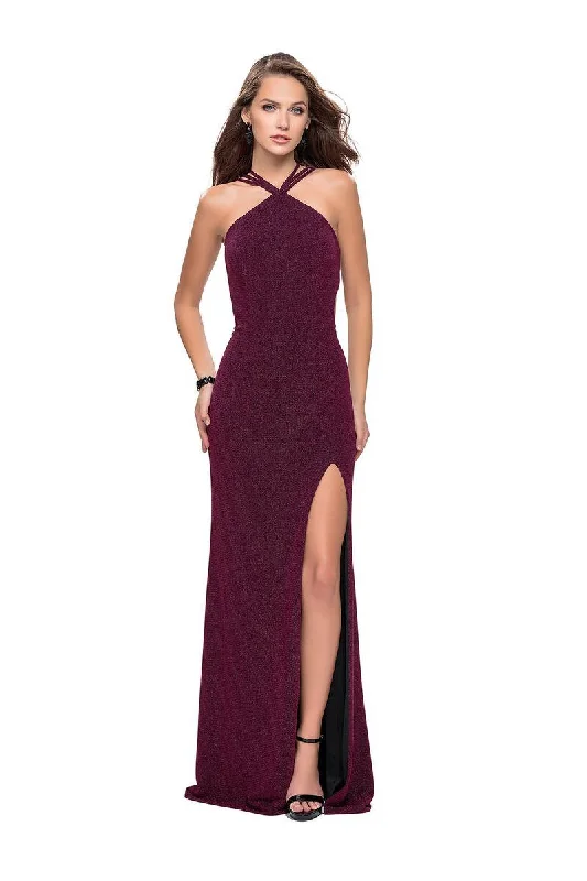 La Femme - 25346 Strappy Lattice Back High Halter Jersey Gown