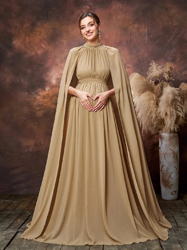 Maternity Mock Neck Cape Sleeves Chiffon Evening Dress