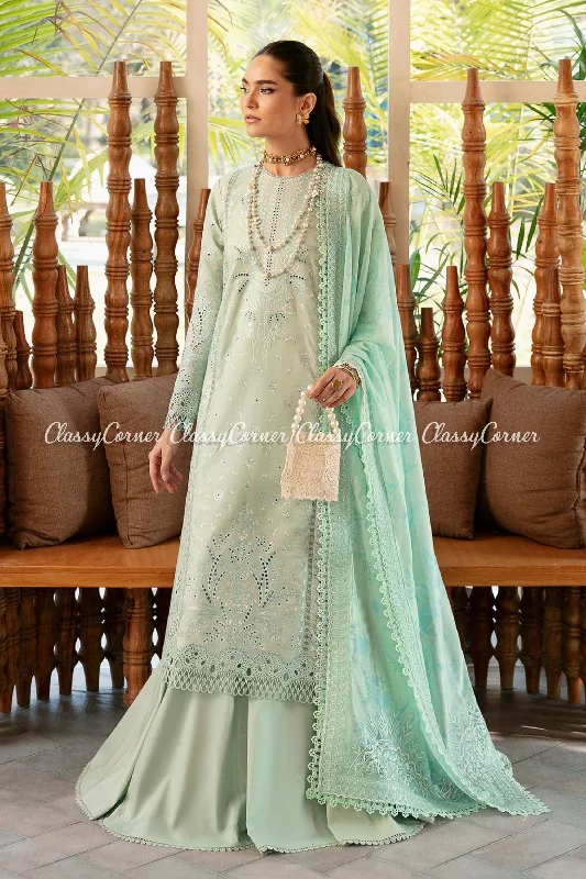 Aqua Blue Lawn Embroidered Sharara Outfit