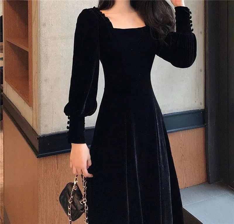 Autumn and Winter Gold Velvet Women Dress French Retro Square Collar Waist Office