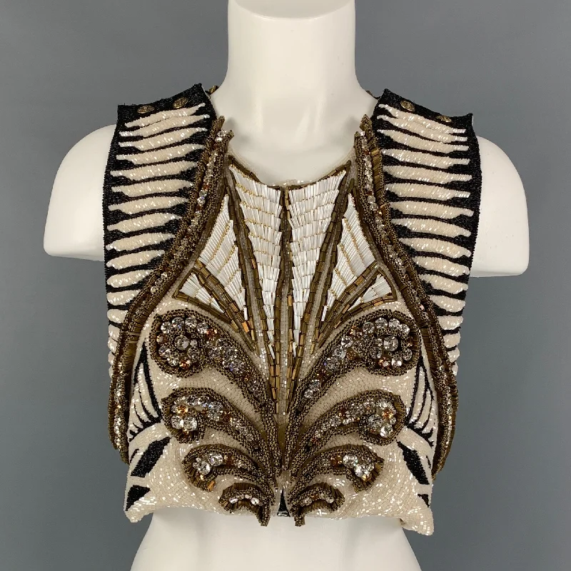 BALMAIN SS 2012 Size 8 White Black Gold Silk Beaded Sleeveless Dress Top