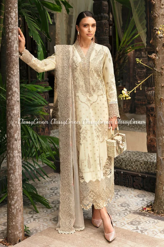 Beige Lawn Embroidered Pakistani Salwar Kameez