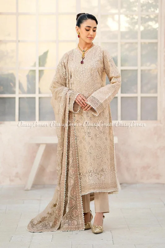 Beige Pakistani 3pc Lawn Suit