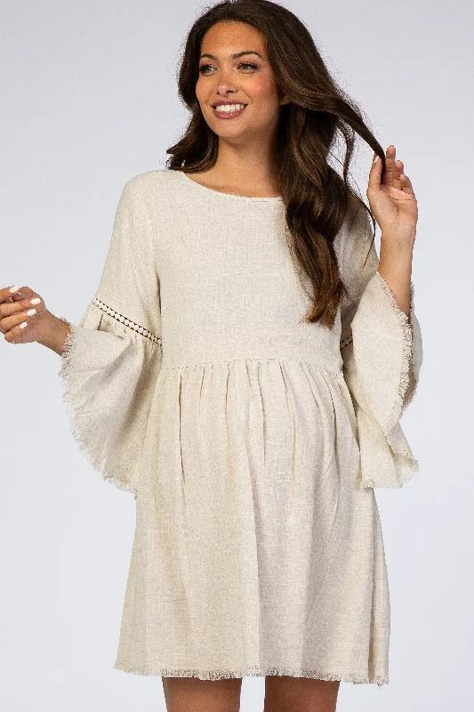 Beige Raw Edge Bell Sleeve Babydoll Maternity Dress