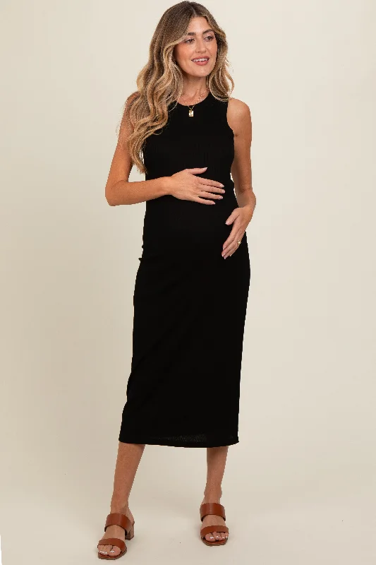 Black Ribbed Knit Sleeveless Maternity Dress