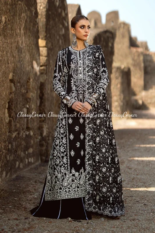 Black White Lawn Embroidered Sharara Suit