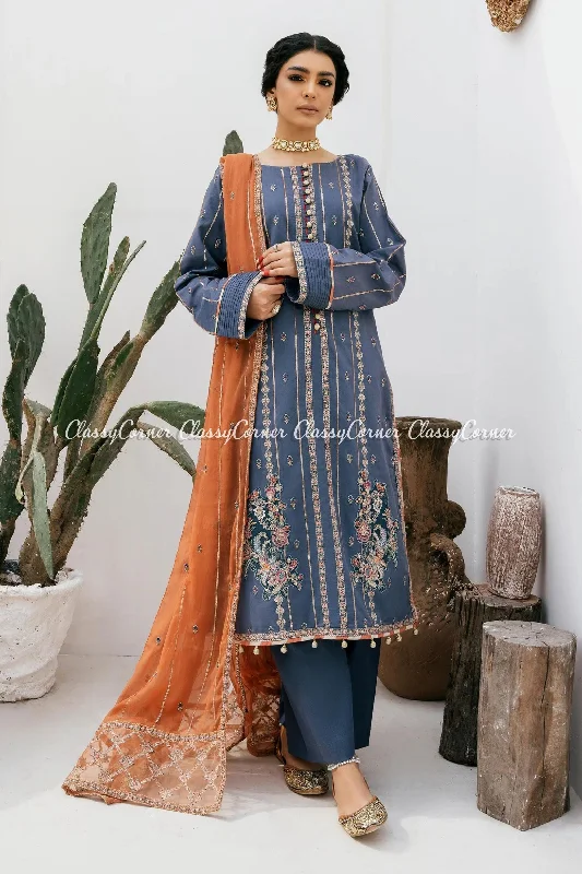 Blue Orange Embroidered Lawn 3pc Suit