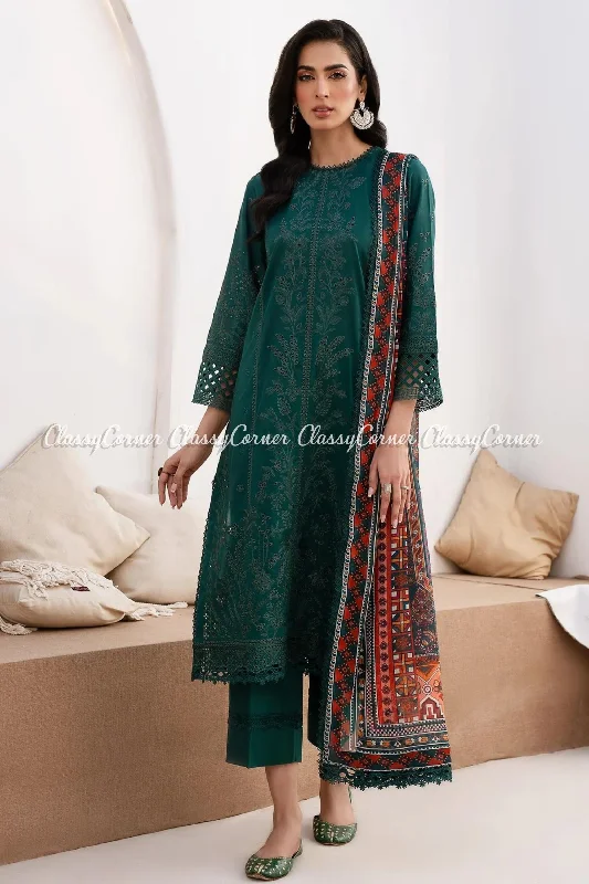 Bottle Green Lawn Embroidered Salwar Kameez