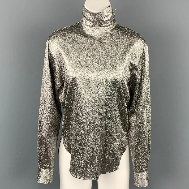 CEDRIC CHARLIER Size 4 Silver Metallic Silk / Polyester Dress Top