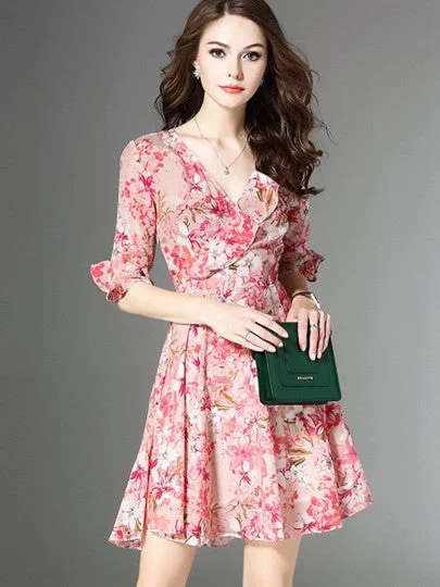 Chiffon Half Sleeve Pink Women's Day Dress