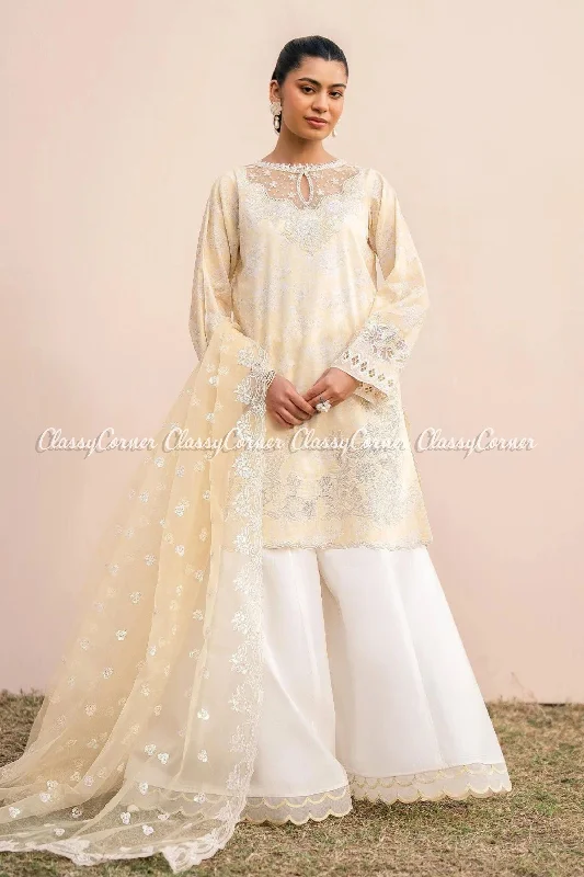 Cream White Lawn Pakistani 3PC Suit