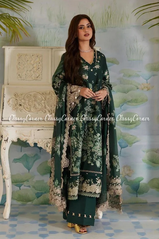 Dark Green Embroidered Lawn Pakistani Suit