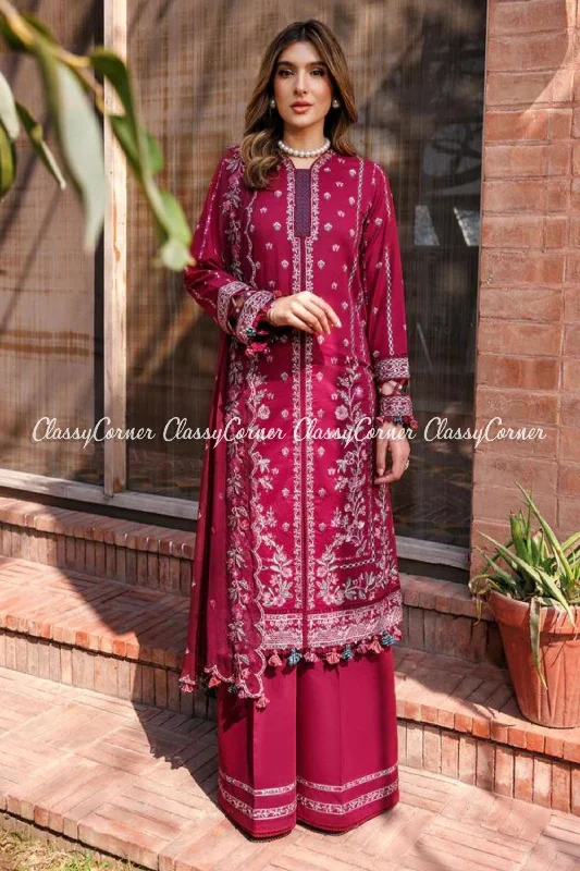 Magenta Lawn Embroidered Pakistani 3PC Outfit