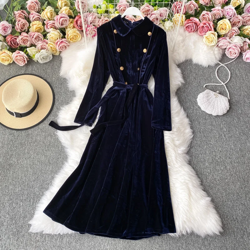 Doll Lapel gold button slim dress big swing velvet dress  3281